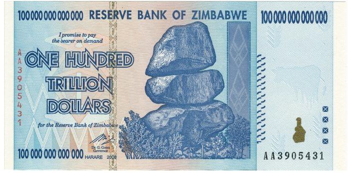 Купюра в 100 триллионов Зимбабвийских долларов